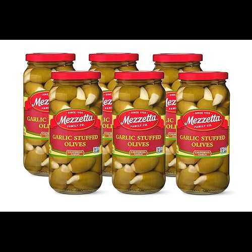 Mezzetta Garlic Stuffed Olives Non-GMO, Gluten Free, Keto 10 Ounce Dr Wt Jar (Pack of 6)