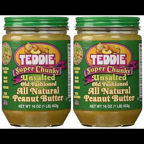 Teddie All Natural Peanut Butter, Super Chunky Unsalted 2pk, Gluten Free & Vegan, 16 Ounce (Super Chunky Unsalted, Pack of 2)