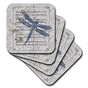 3dRose 楽譜上のヴィンテージ トンボ - ソフト コースター、8 個セット (CST_108737_2) 3dRose Vintage Dragonfli...