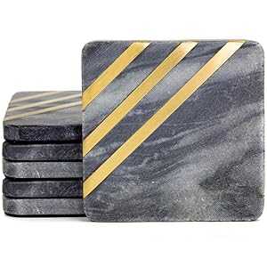 Cork & Mill Grey Marble Coasters Set of 6 - Real Natural Stone Gray an...