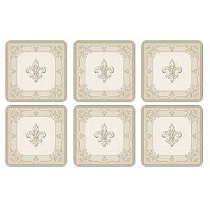 Pimpernel FDC-Fleur de LYS Collection Coasters Set of 6 Cork Backed Board Heat and Stain Resistant Drinks Coaster for Tabletop Protection Measures 4 x 4