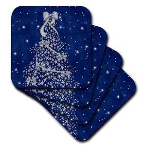 3dRose CST_52292_2 Blue and Silver Christmas Tree with Snow-Soft Coasters, Set of 8