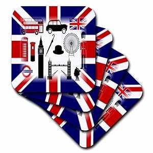 英国のシンボルが付いた英国国旗の 3d ローズ プリント - ソフト コースター、4 枚セット (CST_195030_1) 3dRose Print of UK Flag with British Symbols - Soft Coasters, Set of 4 (CST_195030_1)
