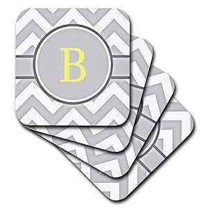 3dRose Grey and White Chevron with Yellow Monogram Initial B - Soft Coasters, Set of 8 (CST_2220..