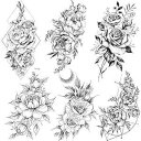 COKTAK 6 ピース/ロット 3D リアルな大きな黒いバラの花の一時的なタトゥー女性ボディアートアームビッグ牡丹幾何学タトゥーステッカー大人フェイク防水タトゥー脚スケッチセクシーガールピーチリリー COKTAK 6 Pieces/Lot 3D Realistic Large Black Rose Flowe