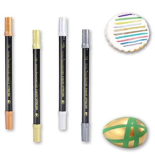 ZJSJSPGS ZJSJSP Edible Metallic Markers,Food Shimmering Color Pen,Fine and Thick Tip Food Upgrade for Cookies/Cakes/Fondant/Baking Decorating/Drawing(4PCS) (Gold, Silver, Rose Gold, Black, 4PCS)