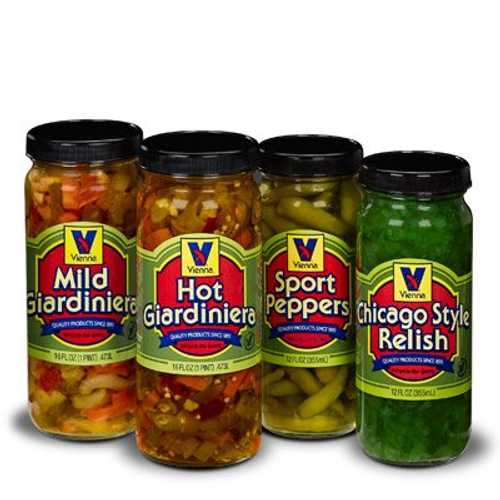 Vienna Condiment Variety 4-Pack (1 Jar Hot Giardiniera, 1 Jar Mild Giardiniera, 1 Jar Sport Pepp..
