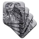3dRose CST_151439_3 4 つのフクロウのグループ ブラック & ホワイト フクロウ 彫刻 エッチング 詳細なファインアート 鳥 夜の動物 セラ...
