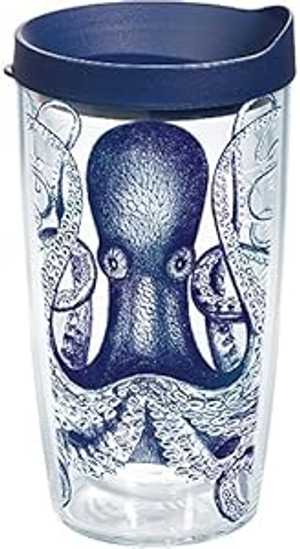 Tervis オクトパス タンブラー ラップとネイビーの蓋付き 16 オンス、クリア Tervis Octopus Tumbler w..