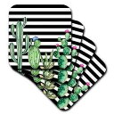 3dローズ黒と白のストライプ水彩開花サボテンセラミックタイルコースター4枚セット 3dRose Black and White Stripes Watercol...