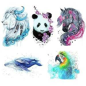 Glaryyears Animal Watercolor Temporary Tattoos, 5 Pack Large Fake Long Lasting Tattoo Stickers of Lion Panda Horse Whale Parrot Design, for Adults Women Men Makeup on Body Art Decoration Rock Tumbler Glaryyears Animal Watercolor Temporary Tattoos, 5 Pack Large Fake Long Lasting Tattoo Stickers of Lion Panda Horse Whale Parrot Design, for Adults Women Men Makeup on Body Art Decoration Rock Tumbler