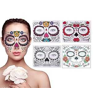 BPNHNA 4 Pack Day of the Dead Sugar Skull Face Temporary Tattoo Halloween Makeup Tattoo Stickers for Halloween Masquerade Party(Floral, Red Roses,Black and Floral Skeleton) BPNHNA 4 Pack Day of the Dead Sugar Skull Face Temporary Tattoo Halloween Makeup Tattoo Stickers for Halloween Masquerade Party(Floral, Red Roses,Black and Floral Skeleton)