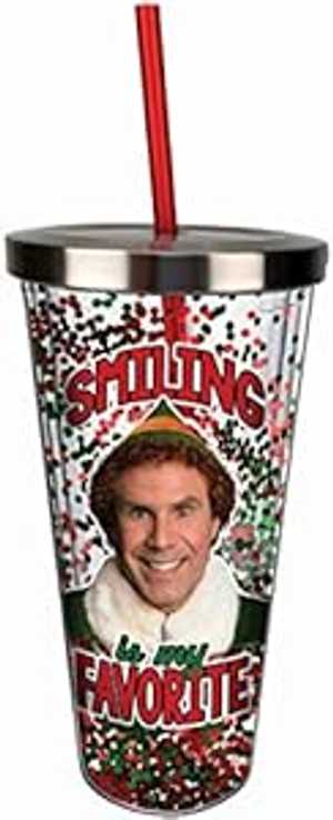 Spoontiques 21330 Elf Smiling Glitter Cup w/Straw, One Size, Red & Gre...