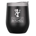 Chris's Stuff 12オンス ワインタンブラー - 防滴蓋付きアイスコーヒーマグ。銅の内層で真空断熱されたステンレススチール二重壁で飲み物を冷たく/温かく保ちます - 引用: Drink Up Bitches Chris's Stuff 12 oz Wine Tumbler - Iced Coffee Mug wit