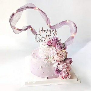 楽天GlomarketAprildecember666 Led Light Silk Ribbon Cake Topper Set, DIY Birthday Wedding Cake Decor- Set of 3 - Ribbon, Happy Birthday Cake Topper, LED light - Romantic Purple