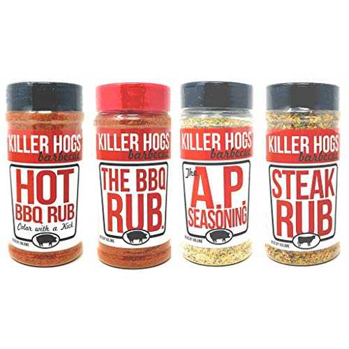 Killer Hogs Barbecue Rub Variety Pack - Hot BBQ, Steak Rub, A.P. Seasoning, and Original BBQ Rub - Pack of 4 Bottles - 16 oz Per Bottle - 64 oz Total - Bulk Killer Hogs Barbecue Seasoning