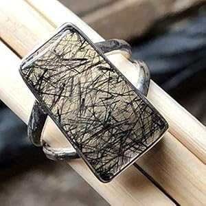 楽天Glomarket本物のブラック ルチル 925 ソリッド スターリング シルバー リング サイズ 7 Natural Rocks by Kala Genuine Black Rutilated 925 Solid Sterling Silver Ring Size 7
