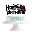 Caiwowo Halloween Happy Birthday Cake Topper - Spooky Haunted House Black Glitter Picks D?cor - Holidays Adult Kids Birthday Party - Happy Halloween Party Decoration