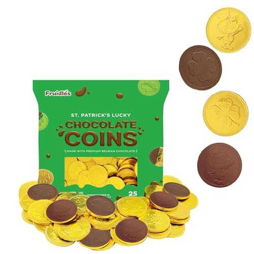 Fruidles St. Patrick's Day 25 Milk Chocolate Coins Lucky Gold Coins Foils, Shamrock Clover Leprechaun Premium Belgian Milk Chocolate Coins Bag Nut-Free (25-Pack)