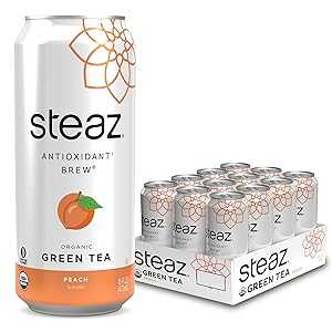 Steaz Organic Iced Green Tea, Peach, 16 Fl Oz, Pack of 12