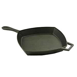 Bayou Classic 7433 12-in Square Cast Iron Skillet Features Helper Handle Perfect For Breakfast P..
