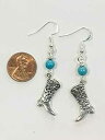 スターリングシルバーのイヤーワイヤーにターコイズアクセントビーズが付いたカウボーイブーツイヤリング Ann Peden Jewelry Cowboy Boot Earrings with Turquoise accent beads, on Sterling Silver Earwires