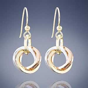 トリコロール ラブ ノット エブリデイ ダングル イヤリング 925 スターリングシルバーと 14K イエローとローズゴールドで満たされたサークル付き ユニーク...