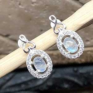 天然レインボー ムーンストーン、ホワイト サファイア 925 ソリッド スターリング シルバー イヤリング 18mm Natural Rocks by Kala Natural Rainbow Moonstone, White Sapphire 925 Solid Sterling Silver Earrings 18mm(4)