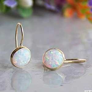 14K ソリッド イエロー ゴールド ホワイト オパール 8mm ジェムストーン ダングル イヤリング、上品なオパールジェムストーン イヤリング、花嫁用ブライダ...