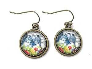 ブルーバードと花のイヤリング ヴィンテージ風ハンドメイド Fern & Filigree Bluebird and Flower Earr..