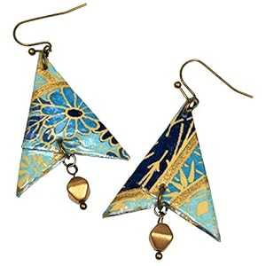 ネイビーデニムライトブルー紙折り紙幾何学矢じり型イヤリング、ガラスビーズ付き、1周年記念ギフト Dreamscape Studio Navy Denim Lig...