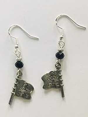 海賊旗チーム マスコット イヤリング、スターリング シルバー イヤーワイヤーにジェット クリスタル フ..