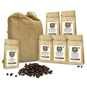 楽天GlomarketJava Planet - コーヒー豆、黄麻布袋入りオーガニックコーヒーサンプラーパック、全豆バラエティパック、アラビカグルメスペシャルティコーヒー、1.32ポンドのコーヒーを3.2オンスの袋6個に梱包 Java Planet - Coffee Beans, Organic Coffee Sampler Pack in