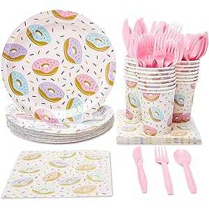 Juvale 144 Piece Donut Grow Up Party Supplies - Serves 24 Sprinkle Paper Plates, Napkins, Cups a..