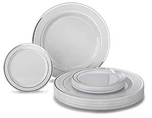 機会 使い捨てプラスチックプレートセット 120枚パック - 60 x 10.5インチ ディナー + 60 x 6.25インチ デザートプレート (120枚、ホワイト/シルバーリム) OCCASIONS FINEST PLASTIC TABLEWARE OCCASIONS 120 PACK Disposable Plastic Plates Set