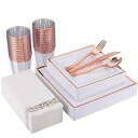 175 Piece Rose Gold Dinnerware Set 25 Guest-50 Square Plastic Plates-25 Rose Gol...