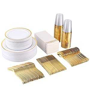 FOCUSLINE 350 Piece Disposable Gold Dinnerware Set for Party or Weddin...