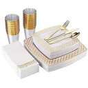 175ピースゴールド食器セット ゲスト25名 - ダイヤモンドスクエアプラスチックプレート50枚 - ゴールドプラスチック銀器25枚 - ゴールドプラスチックカ...