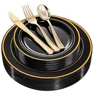 WDF 125Pieces Black Plastic Plates with Gold Rim & Disposable Gold Pla...