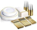 M MCIRCO 175 Piece Gold Dinnerware Set - 50 Gold Rim Plastic Plates - 25 Gold Pl...
