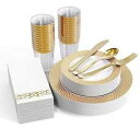FOCUSLINE 175 Piece Gold Dinnerware Set for 25 Guests- Gold Grid Plastic Plates,...