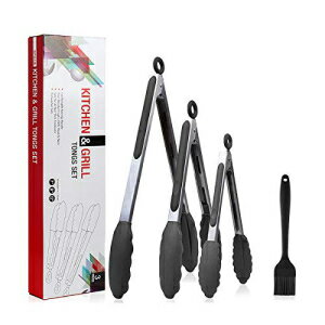 N/A Kitchen Tongs Set, 4 Piece Black Stainless Steel 7-9-12 Inch Tong with Non-Stick Silicone Tips Bonus Silicone Oil Brush, Heat Resistant Serving Utensils Tools Collection Best for Cooking and Baking