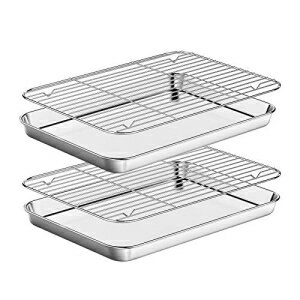 Baking Sheet with Rack Set [2 Pans + 2 Racks ] HKJ Chef Stainless Steel Cookie Sheets Baking Pan Tray with Cooling Rack for Cooking and Baking, Size 16 x 12 x 1 Inch, Nonstick & Dishwasher Safe