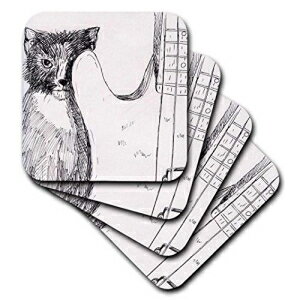 3dRose CST_156018_2 Cat Hiding Behind Bass Guitar Sketch Soft Coasters, Set of 8
