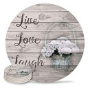 wanxinfu Absorbent Drink Coasters Mats Live Laugh Love Beautiful Flowers Wood Background - Round Coffee Beer Coaster Set with Ceramic Stone and Cork Base for Kinds of Mugs and Cups (4