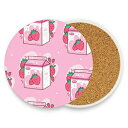 Kuizee Ceramic Drink Coasters Set Carton of Strawberry Milk Kawaii Anime Cartoon Pink Absorbent Coaster Apartment Kitchen Room Bar Decor Round Cork Base 3.9 Inch Single