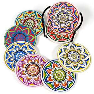 Sodaxx Mandala Ceramic Coasters with Cock Base - (Set of 8) with Metal Holder - Home Decoration Table Coasters Set for Drinks Absorbent