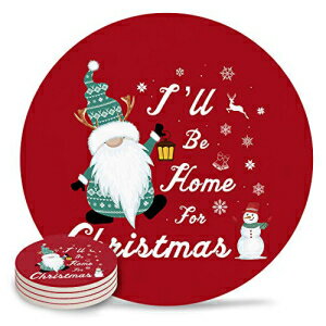 zzsunfeel Absorbent Coasters for Drinks, Merry Christmas Gnome Cork Base Backing Ceramic Coasters Snowman Red Round Cups Mats for Housewarming Home Decor -Set of 4