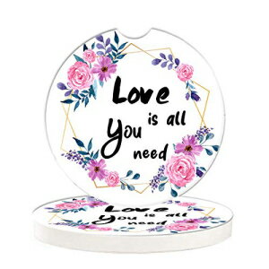 HZDK 2 Pack Car Coasters for Women,Unqiue Letter Print Flower Car Coasters for Car Cupholder,2.56