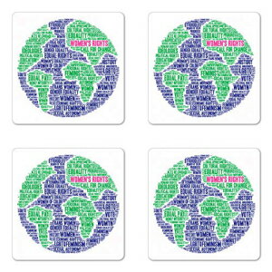 Ambesonne Feminist Coaster Set of 4, Gender Equality and Womens Right All over the World Theme Globe Shape, Square Hardboard Gloss Coasters for Drinks, Indigo Fern Green Pink